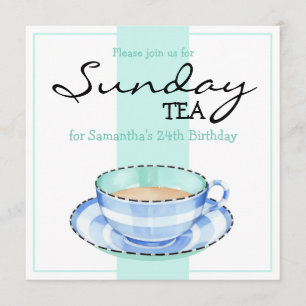 Blue White Teacup white Birthday Invitation Kaart