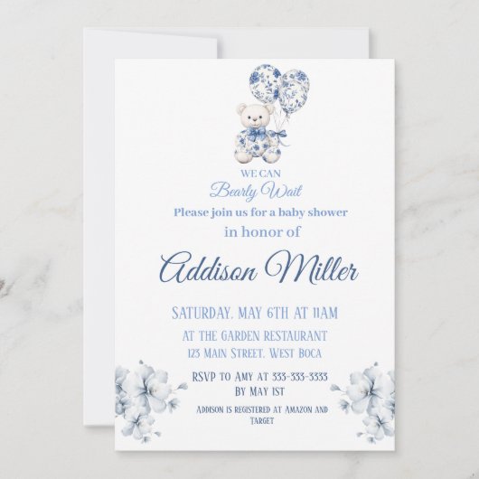 Blue&white Teddy Bear Baby shower Invitation Kaart (Voorkant)