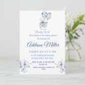 Blue&white Teddy Bear Baby shower Invitation Kaart (Staand voorkant)