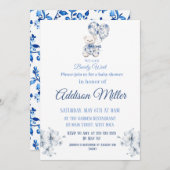 Blue&white Teddy Bear Baby shower Invitation Kaart (Voorkant / Achterkant)