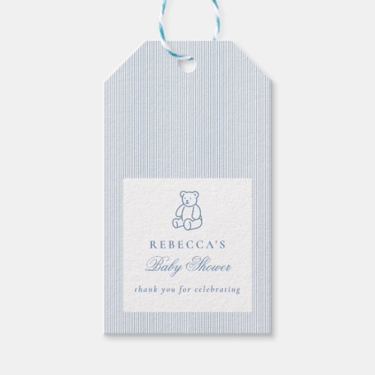 Blue White Teddy Bear Preppy Elegant Baby shower Cadeaulabel (Voorkant)