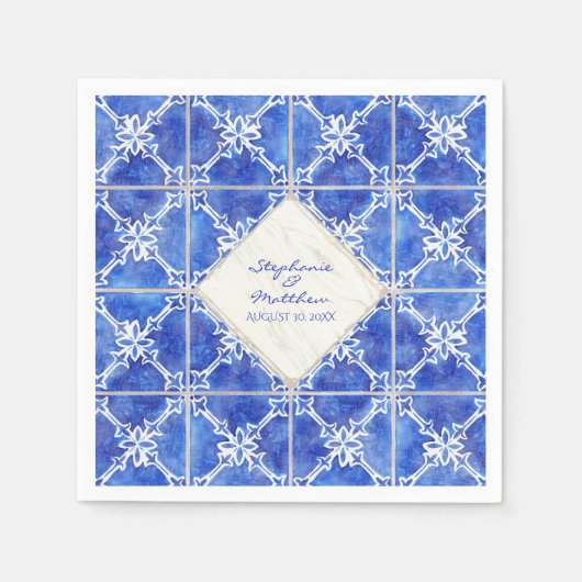 Blue White Tegel Pattern Wedding Waterverf Rustic Servet (Voorkant)