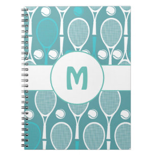 Blue & White Tennis Rackets Balls Player Name Cute Notitieboek