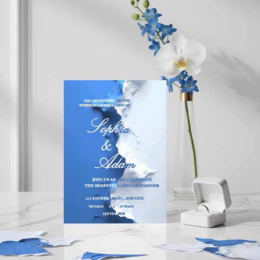 Blue & White Textured Art Wedding Invitation Folie Uitnodiging
