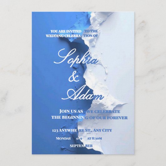 Blue & White Textured Art Wedding Invitation Kaart (Voorkant)