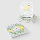 Blue White Tile Lemon Citrus Wreath Farmhouse Art Stenen Onderzetter (Zijkant)