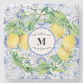 Blue White Tile Lemon Citrus Wreath Farmhouse Art Stenen Onderzetter (Voorkant)