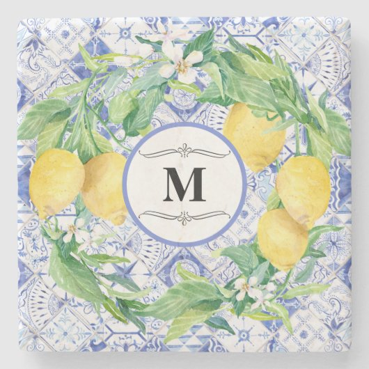 Blue White Tile Lemon Citrus Wreath Farmhouse Art Stenen Onderzetter (Voorkant)