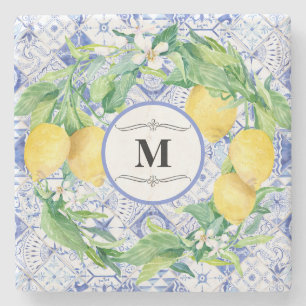 Blue White Tile Lemon Citrus Wreator Farmhouse Art Stenen Onderzetter