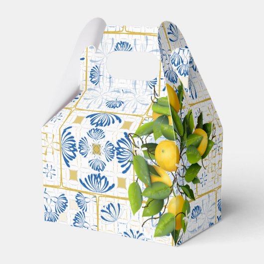 Blue White Tile Lemon Mediterranean Wedding Bedankdoosjes (Achterkant)