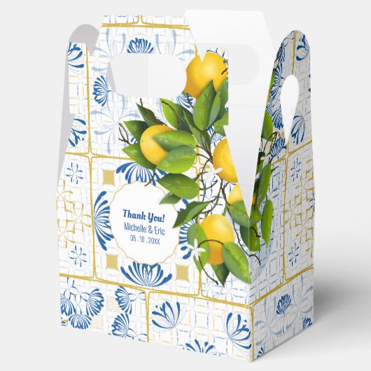 Blue White Tile Lemon Mediterranean Wedding Bedankdoosjes (Geopend)