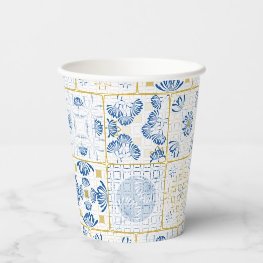 Blue White Tile Lemon Mediterranean Wedding Papieren Bekers (Achterkant)