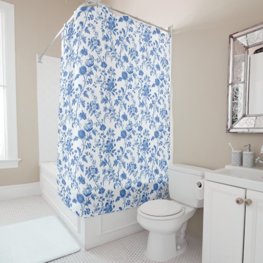 Blue White Toile Floral  Douchegordijn (In situ)