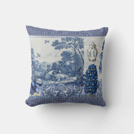 Blue White Toile Flowers op Bird Collage French Kussen