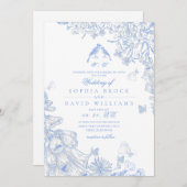 Blue White Toile French Floral Wedding  Kaart (Voorkant / Achterkant)