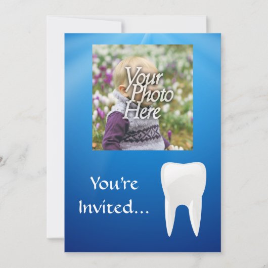Blue/White Tooth Photo Invitation Kaart (Voorkant)