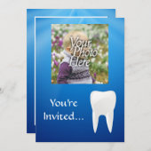 Blue/White Tooth Photo Invitation Kaart (Voorkant / Achterkant)