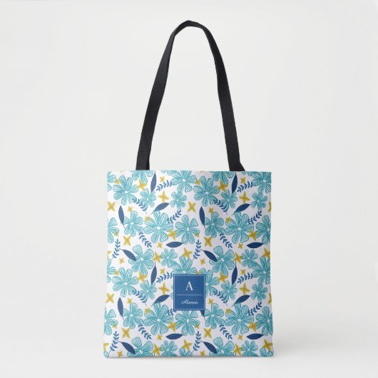 Blue White Tropical Floral Pattern - Jouw naam toe Tote Bag (Voorkant)