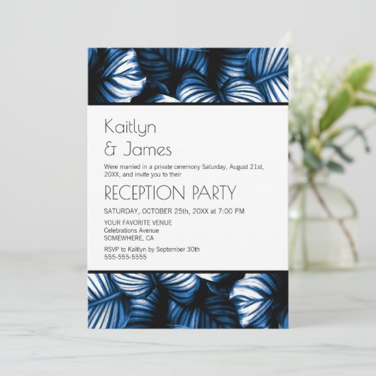 Blue White Tropical Palm Wedding Reception Kaart (Staand voorkant)