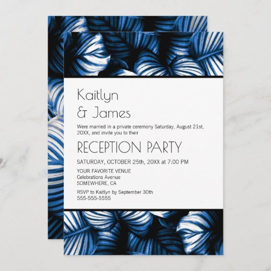 Blue White Tropical Palm Wedding Reception Kaart (Voorkant / Achterkant)