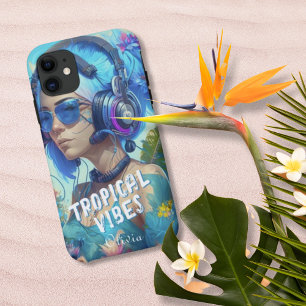 Blue White Tropical Vibes Vrouw DJ Illustratie Case-Mate iPhone Case