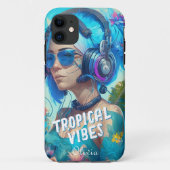 Blue White Tropical Vibes Vrouw DJ Illustratie Case-Mate iPhone Case (Achterkant)
