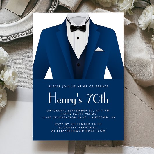 Blue White Tuxedo Mens 70th Birthday Party Kaart