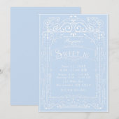 Blue & White  Victoriaans Deco Sweet 16 Party Kaart (Voorkant / Achterkant)