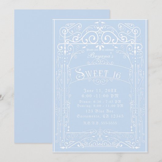Blue & White  Victoriaans Deco Sweet 16 Party Kaart (Voorkant / Achterkant)