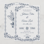 Blue White Vintage Classic Elegant Wedding Invitat Kaart (Voorkant / Achterkant)
