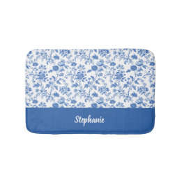 Blue White Vintage Floral Personalized Name Badmat