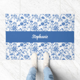 Blue White Vintage Floral Toile Personalized Name Deurmat