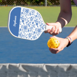 Blue White Vintage Floral Toile Personalized Name  Pickleball Paddle