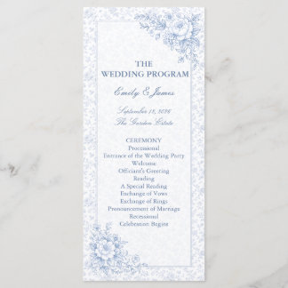 Blue & White Vintage Floral Wedding program プログラム Programmakaart