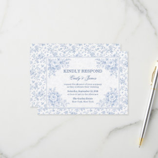 Blue & White Vintage Floral Wedding RSVP Kaartje