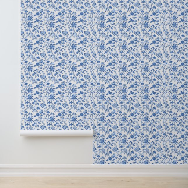 Blue White Vintage Toile Floral Behang (Applicatie)