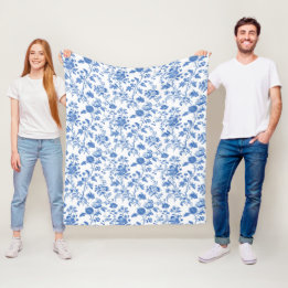 Blue White Vintage Toile Floral Fleece Deken