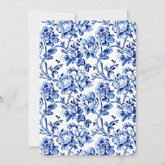 Blue & White w Calligraphy Floral Toile Wedding Kaart (Achterkant)
