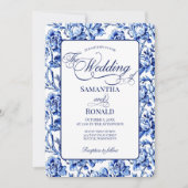 Blue & White w Calligraphy Floral Toile Wedding Kaart (Voorkant)