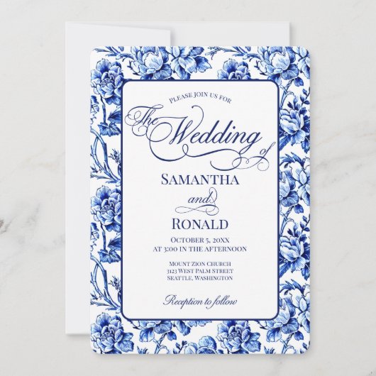 Blue & White w Calligraphy Floral Toile Wedding Kaart (Voorkant)