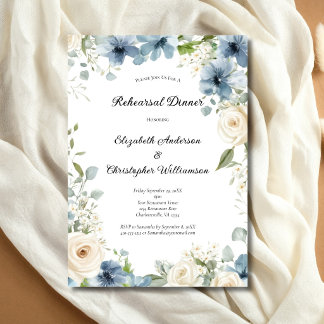 Blue White Watercolor Florals Rehearsal Dinner Kaart