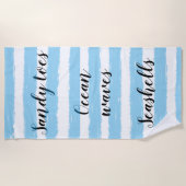 Blue White Waterverf Stripes Beach Typografie Strandlaken (Voorkant)