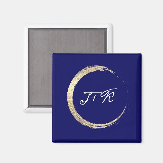 Blue White Weddenemonogram Gold bewaart de datum Magneet (Voorkant / Achterkant)