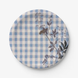 Blue White Wildflower Gingham Plaid Boerderij Papieren Bordje