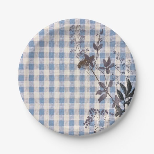 Blue White Wildflower Gingham Plaid Boerderij Papieren Bordje (Voorkant)