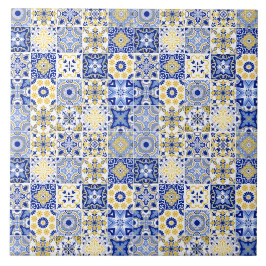 blue& white yellow Portuguese Azulejo pattern  Tegeltje (Voorkant)