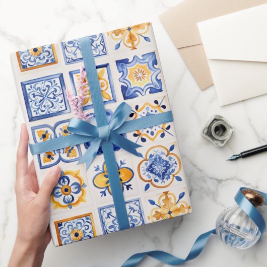 Blue White Yellow Tiles Pattern Summer Aesthetic Cadeaupapier (Geschenken)