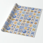 Blue White Yellow Tiles Pattern Summer Aesthetic Cadeaupapier (Uitgerold)