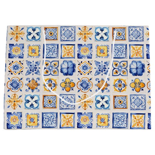 Blue White Yellow Tiles Pattern Summer Aesthetic  Groot Cadeauzakje (Voorkant)