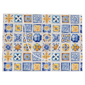 Blue White Yellow Tiles Pattern Summer Aesthetic Groot Cadeauzakje (Achterkant)